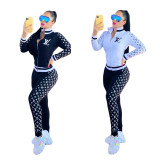 Autumn Sports Simple Print Zipper High Neck Sweatshirt Pant Set