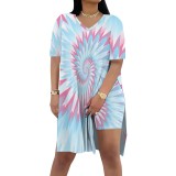1 Piece Custom Casual Tie-dye Print Slit Short Set