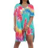 1 Piece Custom Casual Tie-dye Print Slit Short Set