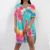 1 Piece Custom Casual Tie-dye Print Slit Short Set