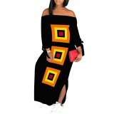 1 Piece Custom Autumn Print Long Sleeve Off Shoulder Maxi Dresses