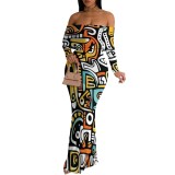 1 Piece Custom Casual Print Off Shoulder Long Dresses
