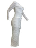 Elegant Solid Color Buckle Patchwork Knitted O Neck Long Dresses