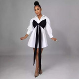 Street Buckle Patchwork Strap Design Contrast Turndown Collar A Line Dresses