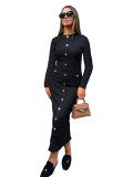 Elegant Solid Color Buckle Patchwork Knitted O Neck Long Dresses