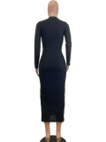 Elegant Solid Color Buckle Patchwork Knitted O Neck Long Dresses