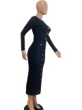 Elegant Solid Color Buckle Patchwork Knitted O Neck Long Dresses