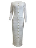 Elegant Solid Color Buckle Patchwork Knitted O Neck Long Dresses
