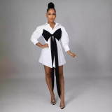 Street Buckle Patchwork Strap Design Contrast Turndown Collar A Line Dresses