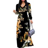 1 Piece Custom Autumn Print V Neck Long Sleeve Maxi Dresses