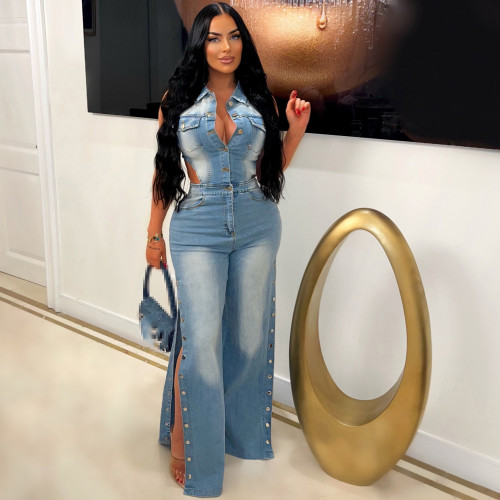 Tight Waist Stretch Washed Denim Straight Jumpsuit