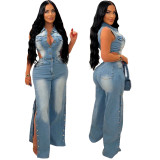 Tight Waist Stretch Washed Denim Straight Jumpsuit