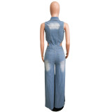 Tight Waist Stretch Washed Denim Straight Jumpsuit