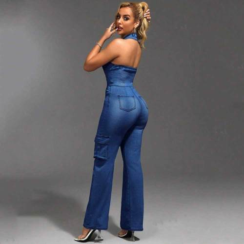 Thigh High Elastic Washed Straight Denim Jumpsuit