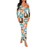 1 Piece Custom Autumn Print Long Sleeve Maxi Dresses