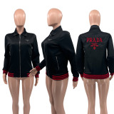 Casual Sports Ribbed Zipper Embroidered Jacket with Pocket