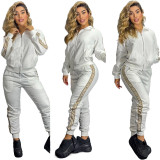 Casual Women's Embossed High Neck Zipper Long Sleeve Pants Set