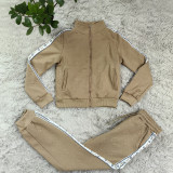 Casual Women's Embossed High Neck Zipper Long Sleeve Pants Set
