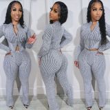 Casual Sweater Stripe Patchwork Zipper Zipper Collar Long Sleeve Two Pieces