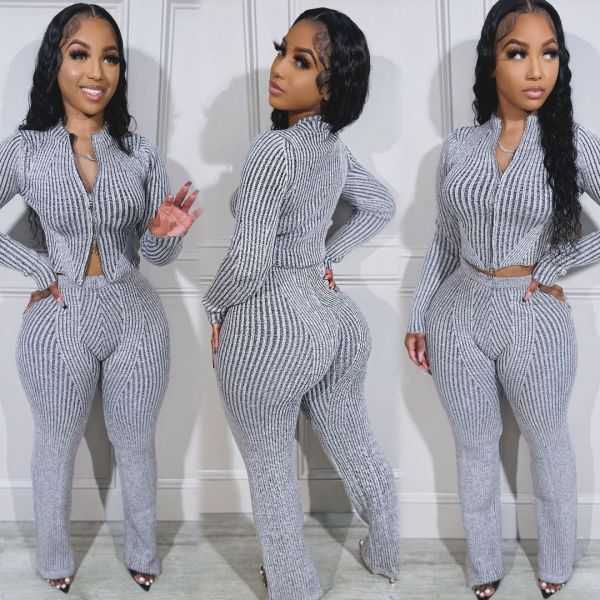 Casual Sweater Stripe Patchwork Zipper Zipper Collar Long Sleeve Two Pieces