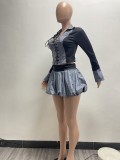 Casual Patchwork Cross Straps Ruched Contrast Turndown Collar Long Sleeve Two Pieces