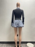 Casual Patchwork Cross Straps Ruched Contrast Turndown Collar Long Sleeve Two Pieces