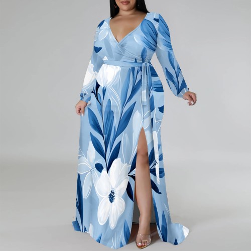 1 Piece Custom Casual Printed V Neck Slit Plus Size Maxi Dresses