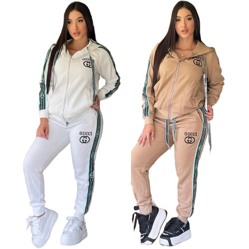 Fashion Embossed Embroidery Zipper Hooded Sweatshirt Two Piece Suit