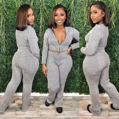 Casual Sweater Stripe Patchwork Zipper Zipper Collar Long Sleeve Two Pieces