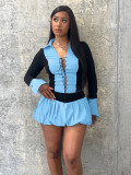 Casual Patchwork Cross Straps Ruched Contrast Turndown Collar Long Sleeve Two Pieces