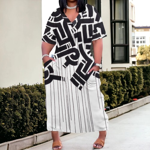1 Piece Custom Casual Digital Printing V Neck Plus Size Maxi Dresses