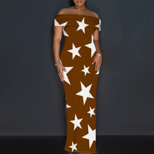 1 Piece Custom Casual Digital Printing Star Off Shoulder Long Dresses