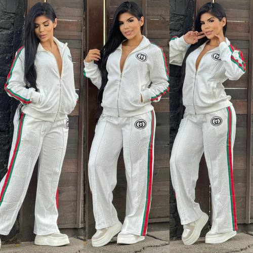 Autumn Embroidery Embossed Long Sleeve Zipper Sportswear Pant Set