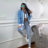 Casual Cardigan Printed Zipper Double Ribbed Jacket