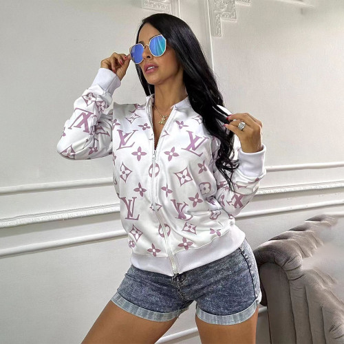 Casual Cardigan Printed Zipper Double Ribbed Jacket