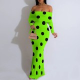 1 Piece Custom Casual Digital Printing Polka Dots Off Shoulder Long Dresses