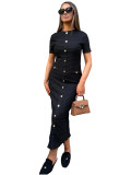 Elegant Solid Color Buckle Patchwork Knitted O Neck Long Dresses