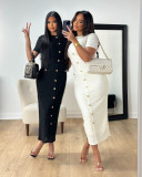Elegant Solid Color Buckle Patchwork Knitted O Neck Long Dresses