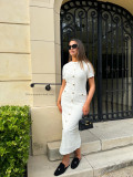 Elegant Solid Color Buckle Patchwork Knitted O Neck Long Dresses