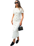 Elegant Solid Color Buckle Patchwork Knitted O Neck Long Dresses