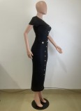 Elegant Solid Color Buckle Patchwork Knitted O Neck Long Dresses