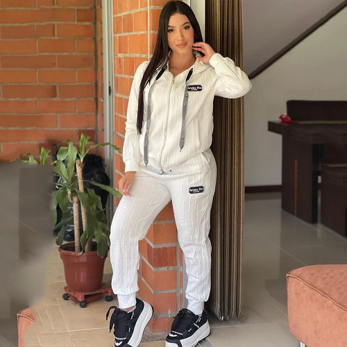 Fashion Embossed Embroidery Zipper Hooded Two-piece Sweatshirt Set