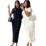 Elegant Solid Color Buckle Patchwork Knitted O Neck Long Dresses