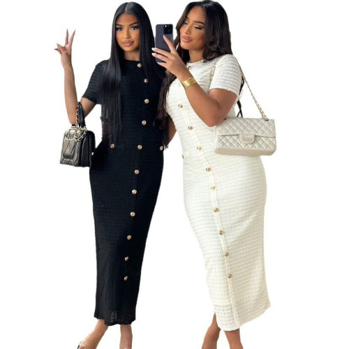 Elegant Solid Color Buckle Patchwork Knitted O Neck Long Dresses