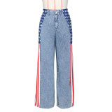 (Pre Order 17/9)Patchwork Denim Stripes Color Block American Flag Printed Jeans