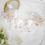 See Through Puff Sleeves Floral Chiffon Pad Lace French Top