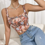 Retro Print Vest with Floral Herringbone Bra Camisole Top