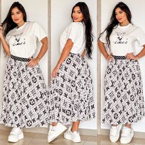 Casual Printed Short Sleeve Tops + Long Swing Skirt