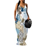 1 Piece Custom Casual Printed Straps V Neck Maxi Dresses