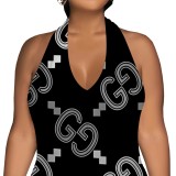 1 Piece Custom Casual Printed Halter Backless Jumpsuits